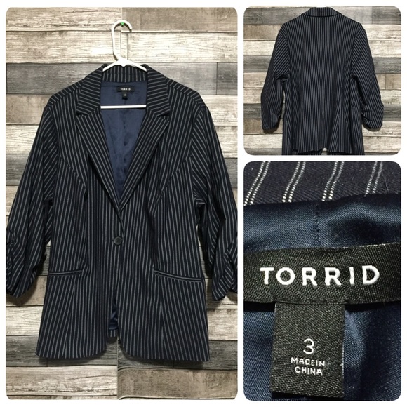 Torrid Striped Blazer Jacket Women’s 3 Navy Blue One Button - Picture 1 of 10